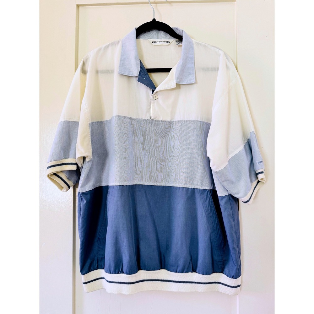 Pierre Cardin Vintage Mens XL Colorblock Polo Shirt Blue White Striped Pockets